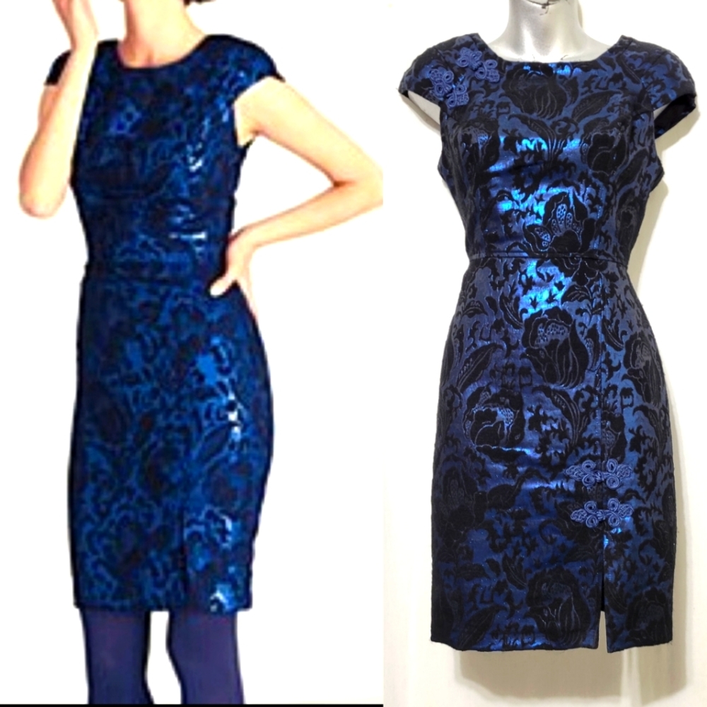 eva franco blue metallic floral dress